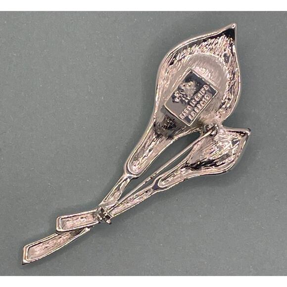 Calla Lily VTG statement pave rhinestones faux pearl silver tone brooch pin 3" - Picture 2 of 3